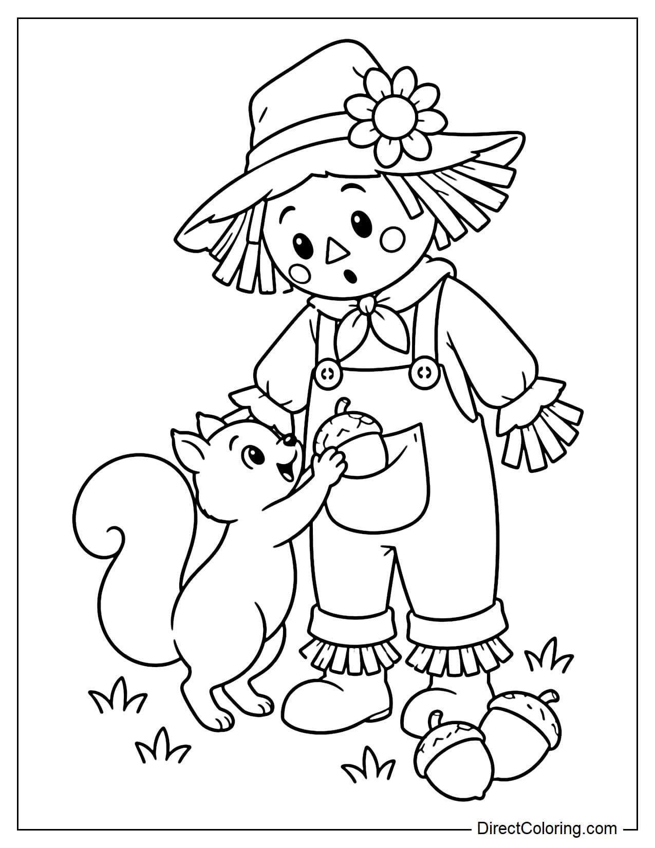 A playful little squirrel puts a large acorn into the front pocket of the scarecrow's overalls while the scarecrow looks down at it with an adorably surprised expression. Two large acorns rest near their feet.