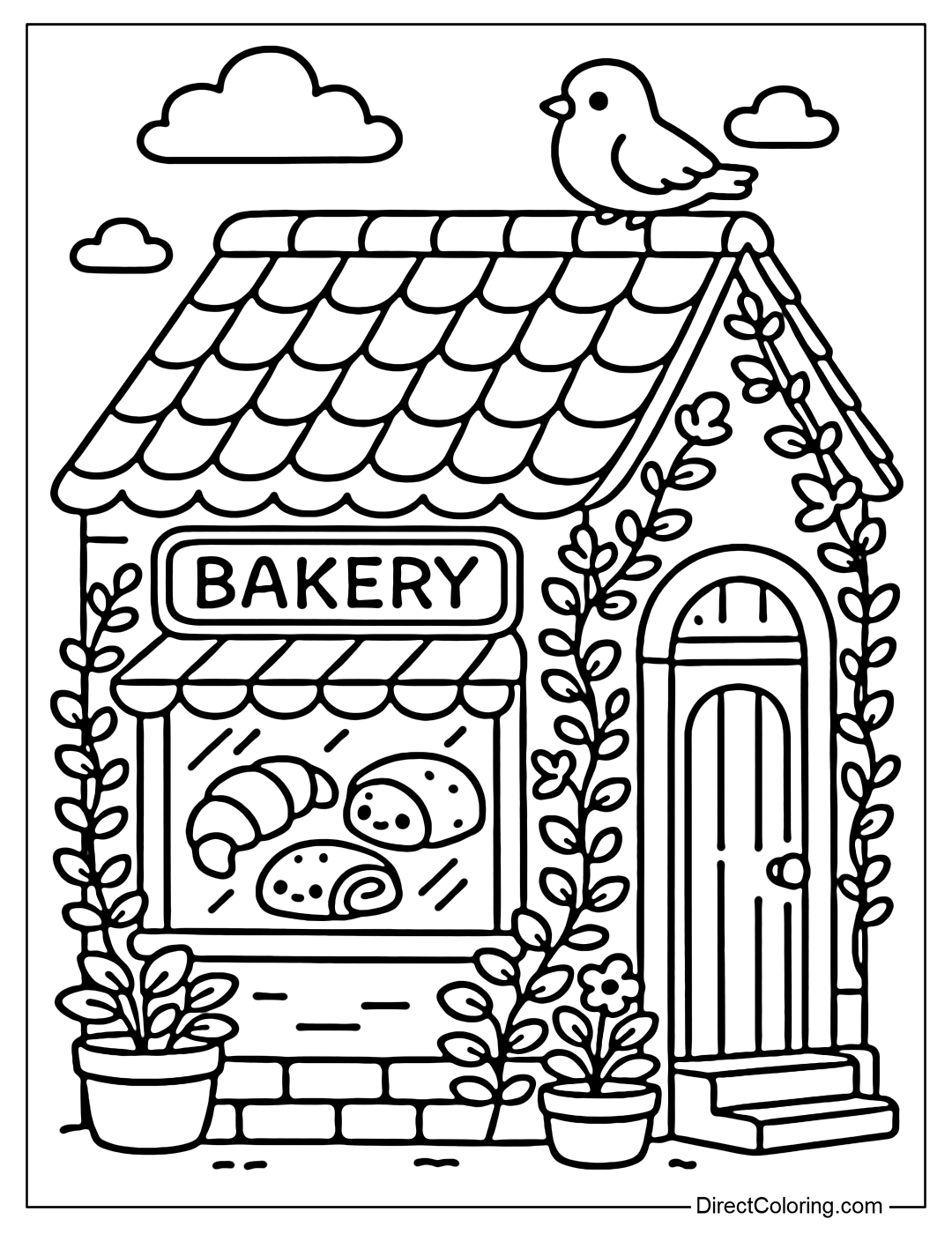Old Quarter bakery coloring page side view, tiled roof, wooden door, climbing flower pots around the frame; pigeons on the roof; through the glass see croissant, pain au chocolat.