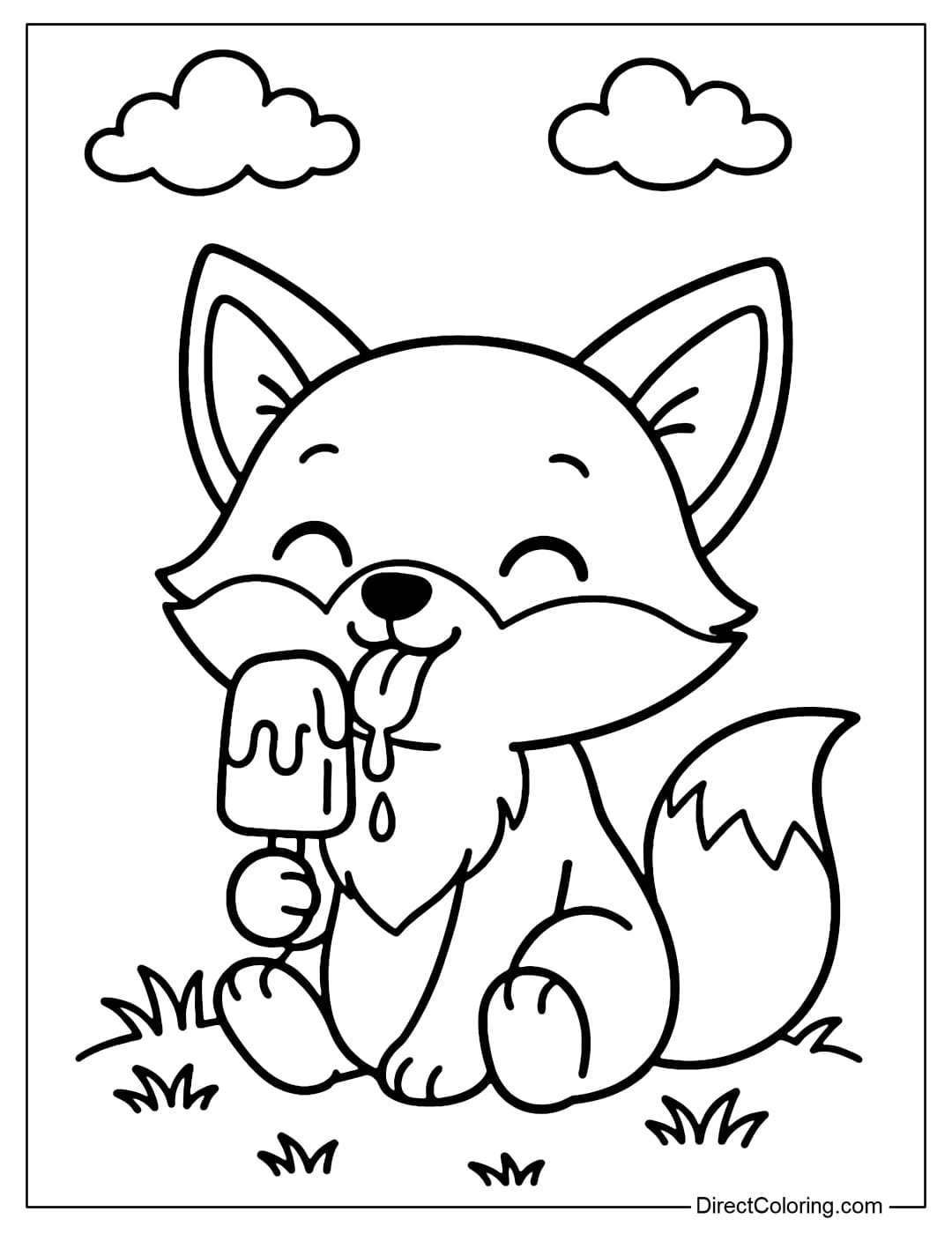 Cute fox coloring page holding a melting ice cream, sitting on the grass, a few small clouds flying above.