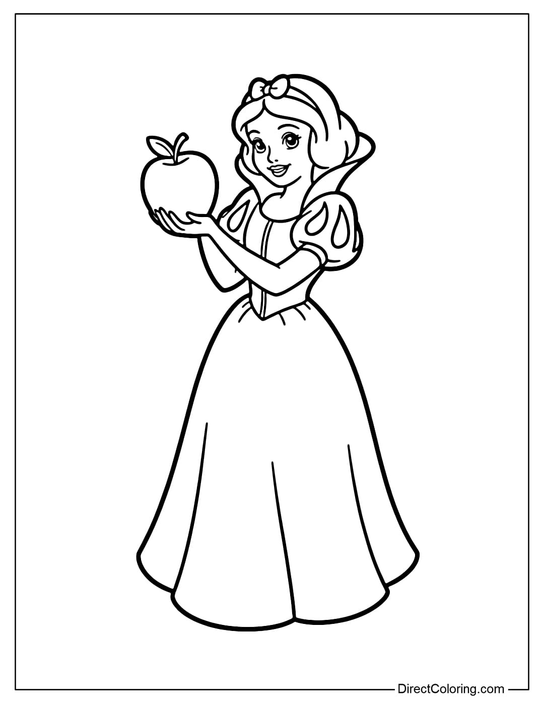 A coloring page of Princess Snow White holding a large apple in a simple pose.