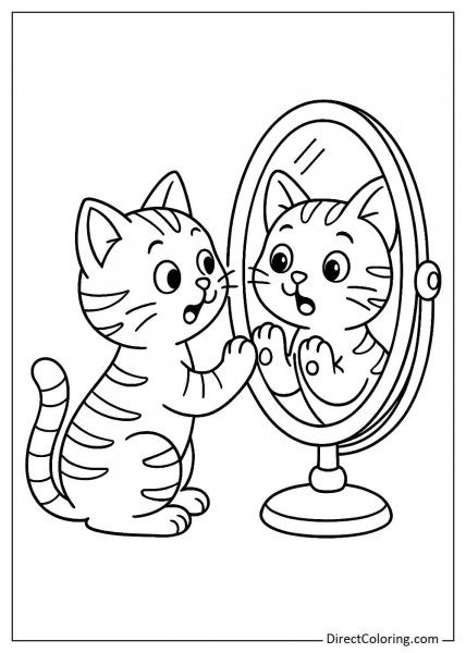 Cat playing with its reflection in the mirror coloring page
