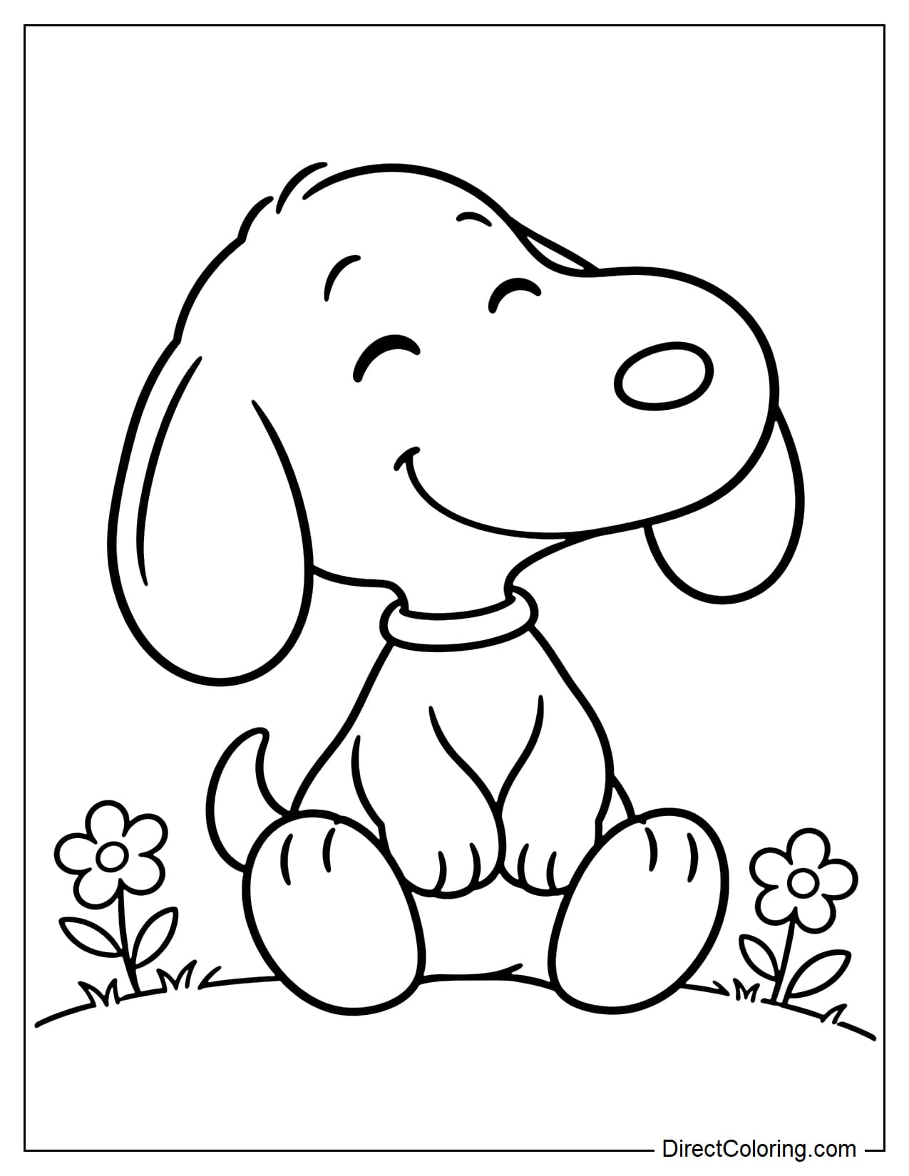 Adorable Snoopy sits with a big smile, his front paws resting comfortably and his hind legs stretched forward. His head tilts slightly, with both long ears hanging naturally. A curved ground line and two small flowers appear beneath him.