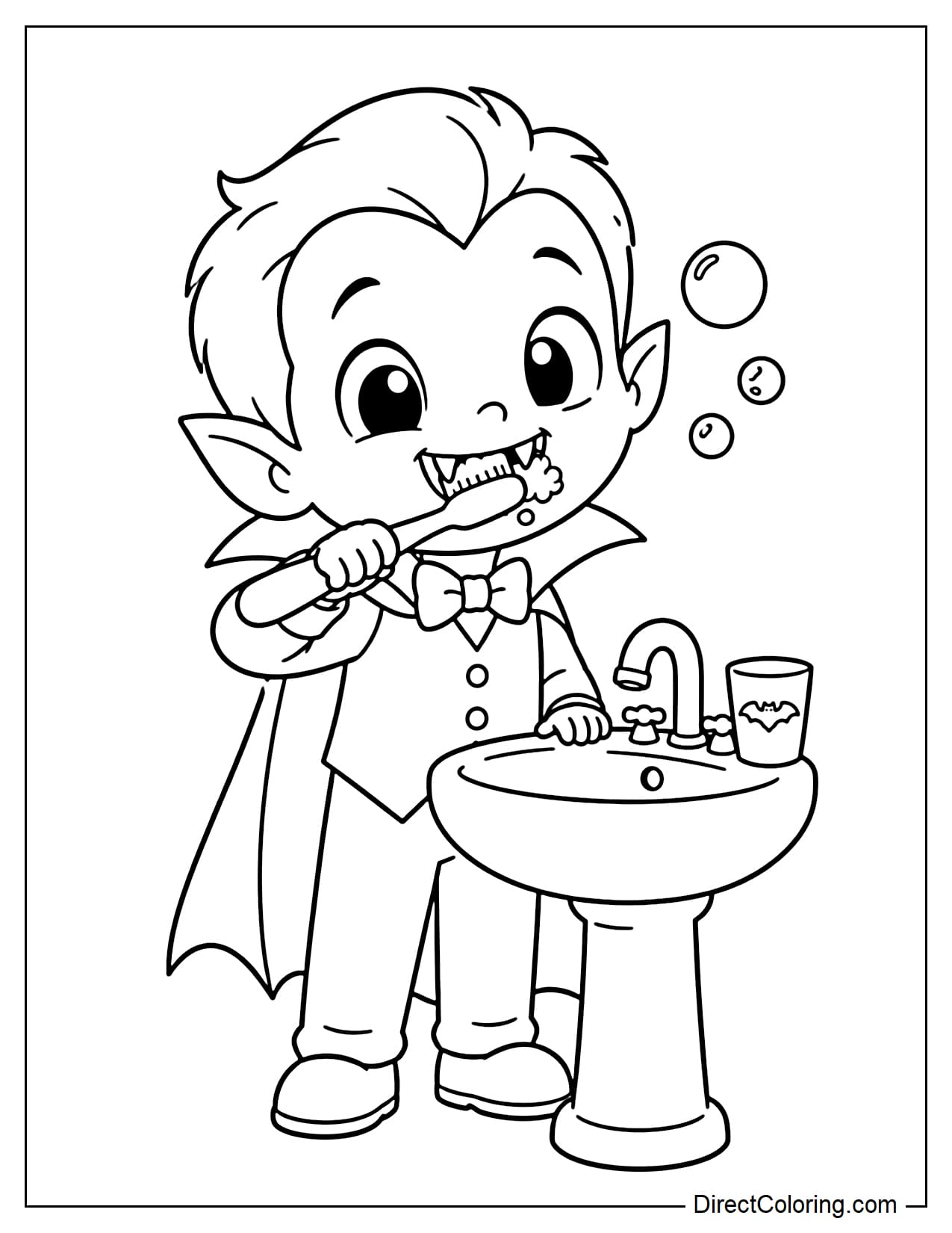 A cute little vampire is standing in front of a small sink, brushing his two fangs with a large toothbrush, with a small cup beside him.