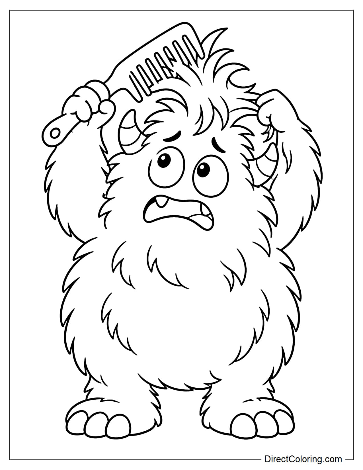 A furry monster tries to comb the fur on its head, but the large comb gets stuck while one hand holds the comb and the other pulls at the tangled fur.