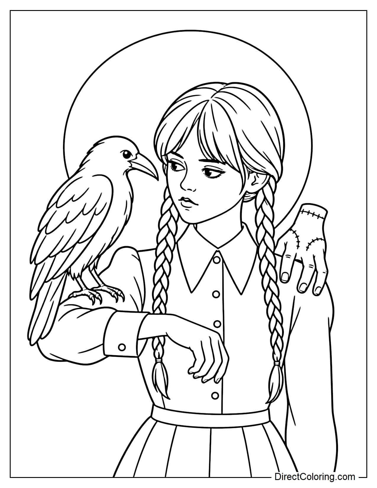 Wednesday is shown from the waist up with one arm extended horizontally as a large raven perches on her wrist. Thing clings to her opposite shoulder while Wednesday turns to look at the raven, with a large full moon behind her.
