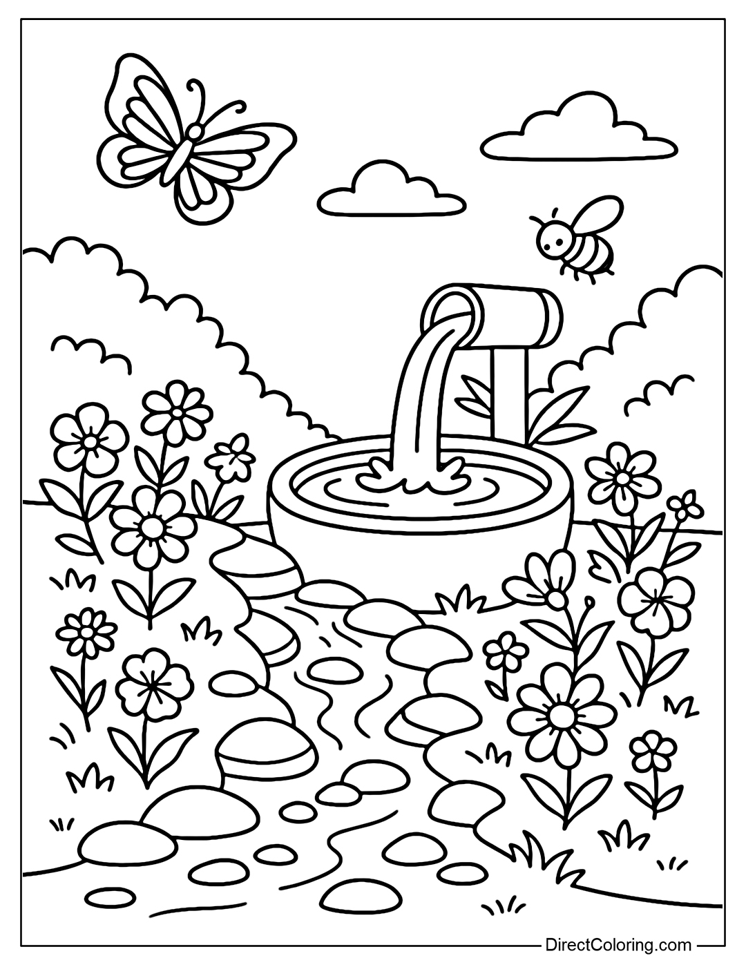 Coloring page of a small stream weaving through wildflowers, soft shrubs, butterflies and bees
