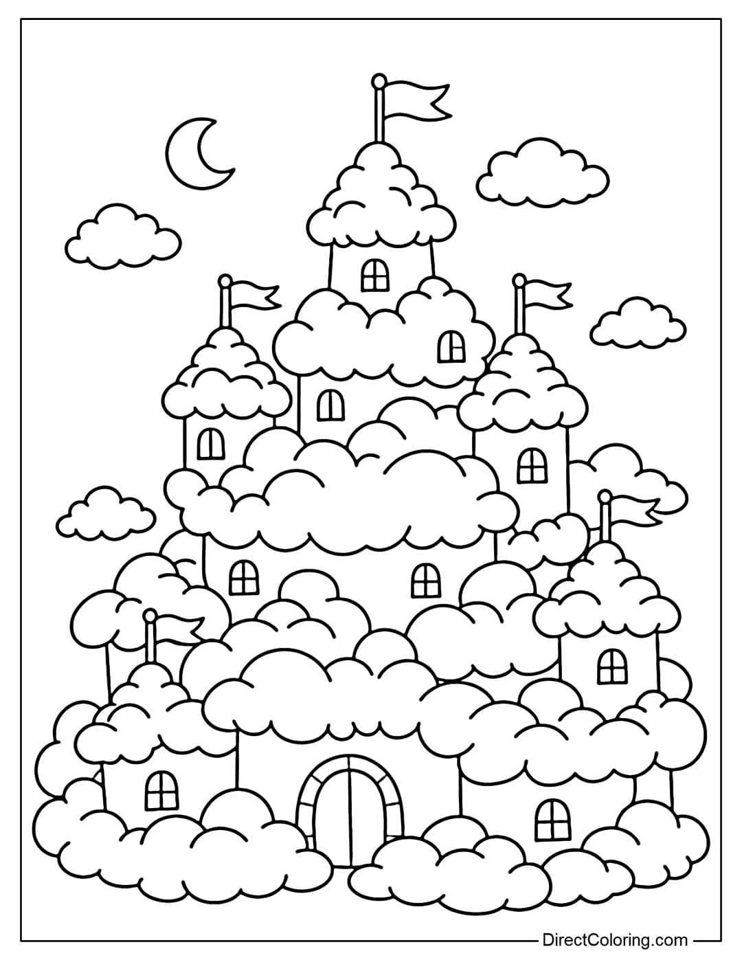 A coloring page of a castle made of stacked clouds, with a small window and a flag on top.