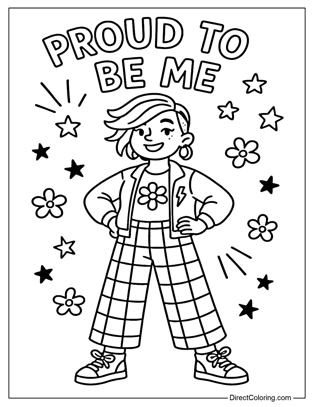 Coloring page of a girl with a bold fashion style, dyed hair, big earrings, colorful clothes. Standing and posing like she is doing a fashion show, her face is happy, her eyes are looking up proudly.