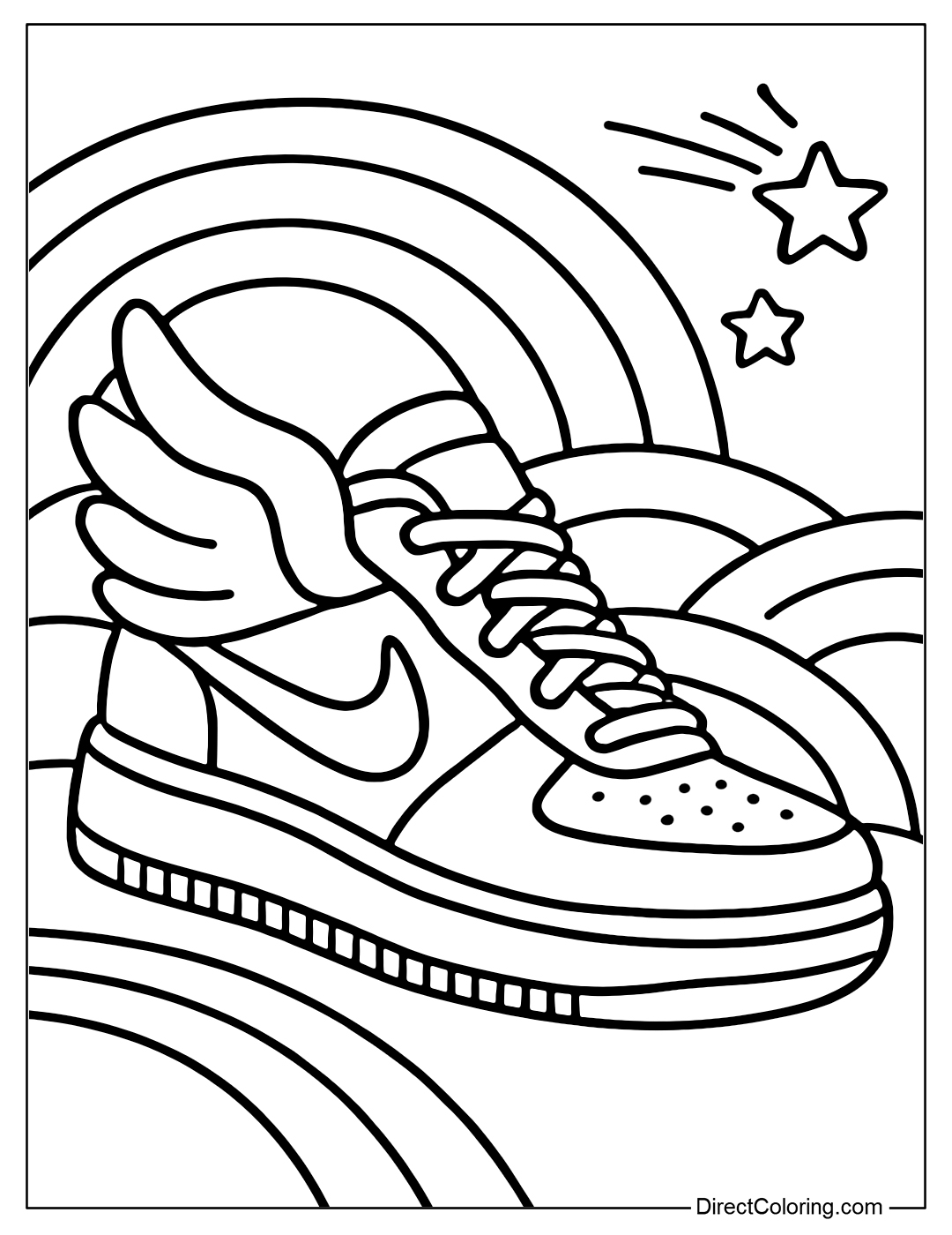 A Nike shoes coloring page with large wings growing from both sides, a rainbow and star streaks in the background.