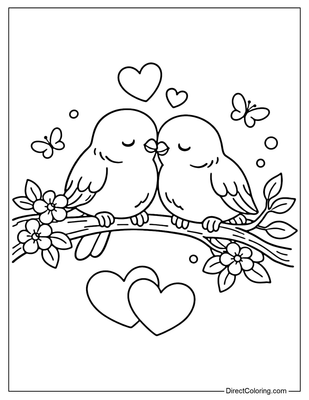 A coloring page featuring a pair of small birds symbolizing love.