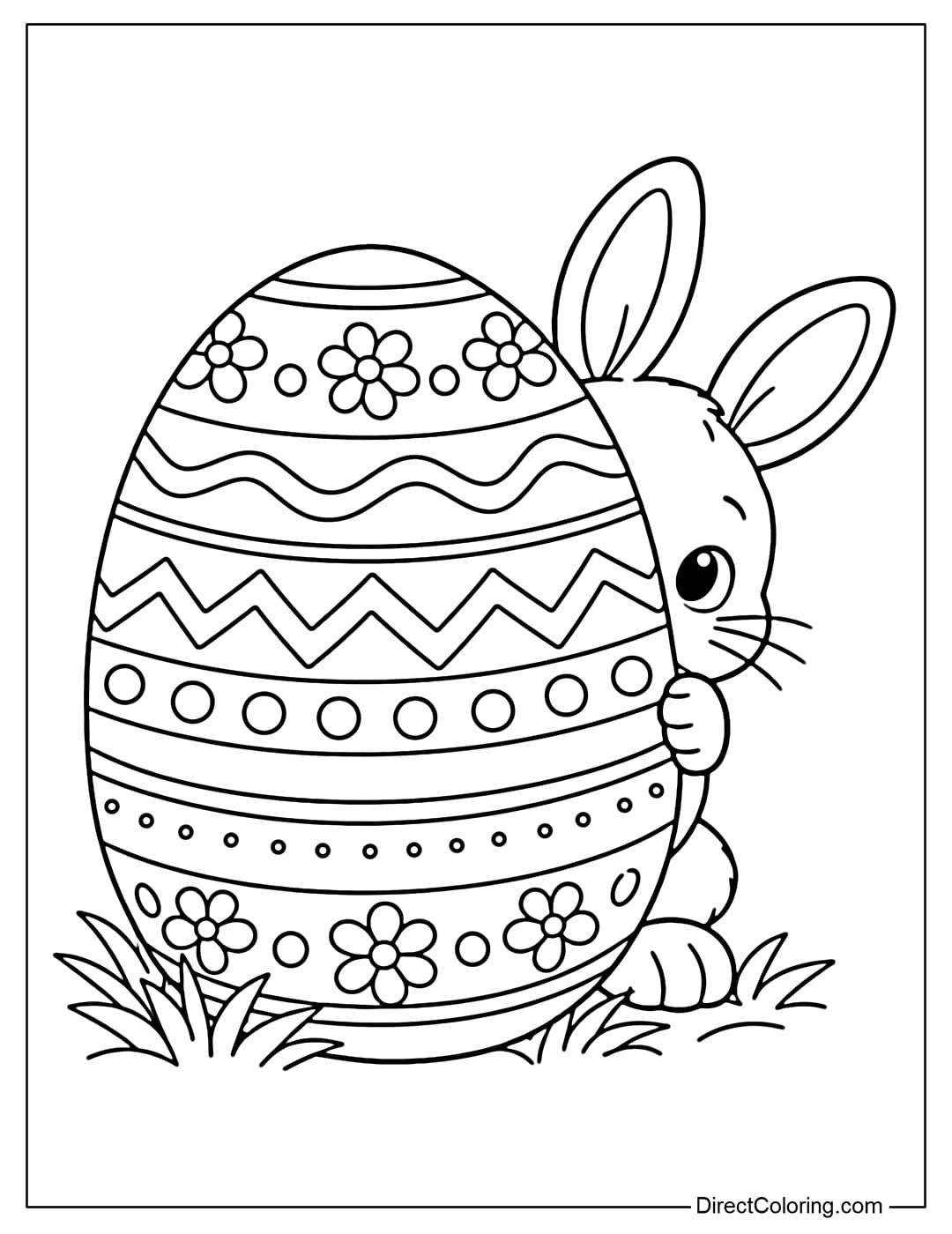 A cute Easter bunny coloring page hiding and peeking from behind an Easter egg.