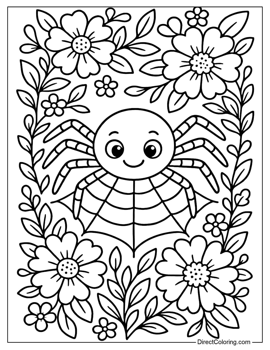A spider coloring page spinning webs in a colorful flower garden, soft flower petals wrapped around the web.