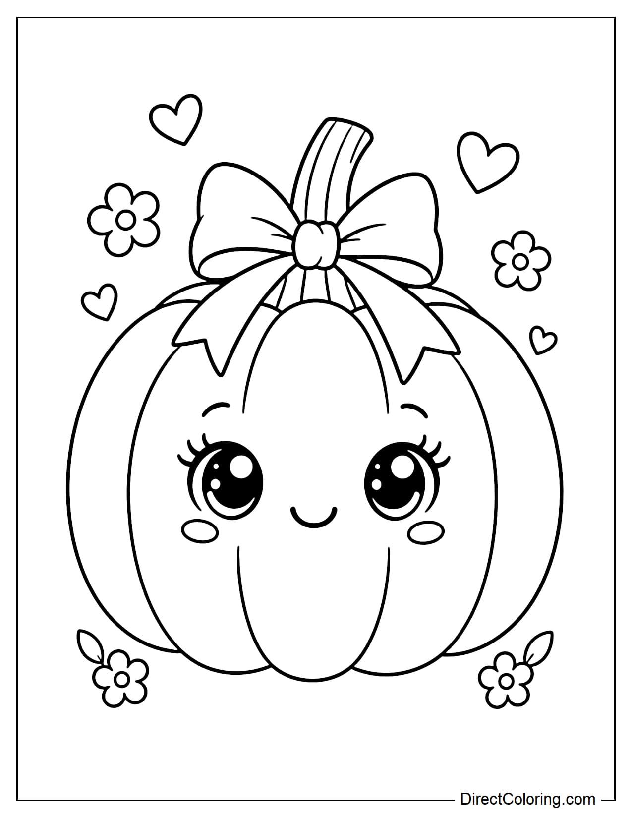 A large round pumpkin with a beautiful big bow attached near the stem, large sparkling doll-like eyes, and gently curved eyelashes.