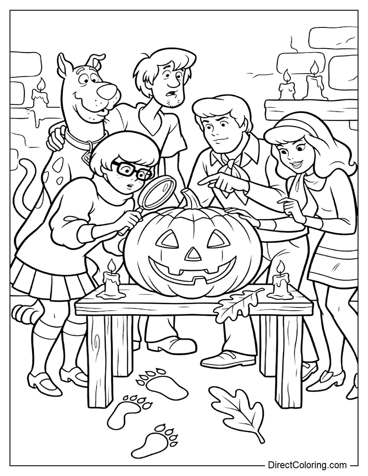 The Mystery Inc. group is gathered around a large Jack-o'-lantern with curious expressions. Velma is holding a magnifying glass, Fred is pointing and analyzing clues, Daphne is watching with interest, while Shaggy and Scooby-Doo look a little nervous but still lean closer to investigate.