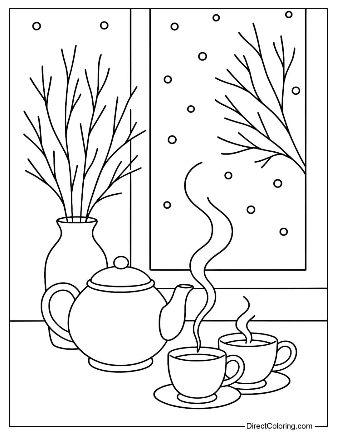 A tea set coloring page on a table by the window, a vase of dry winter branches, and snow falling outside the window.