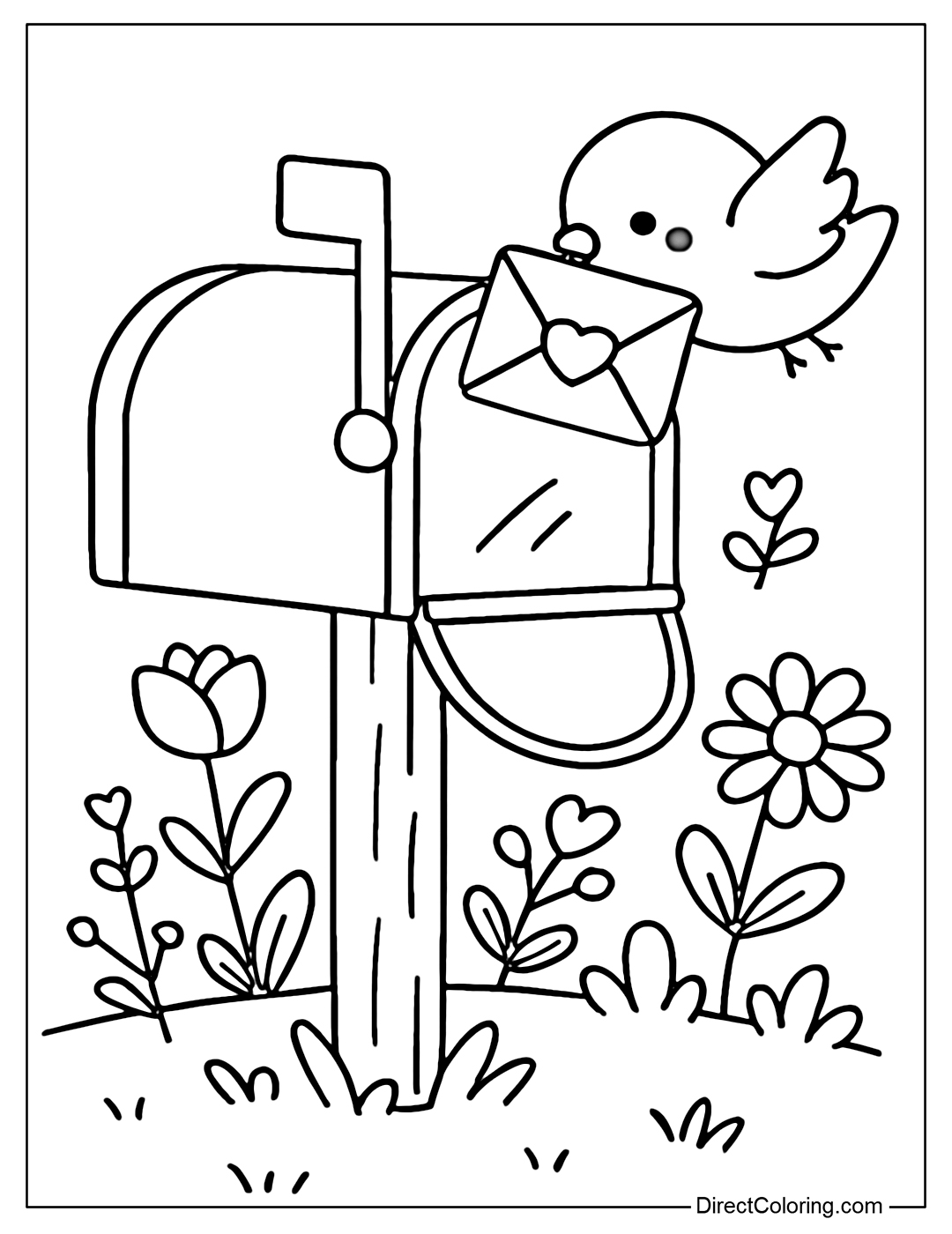 A mailbox coloring page with a heart letter, flowers and leaves around it, and a small bird delivering the mail.