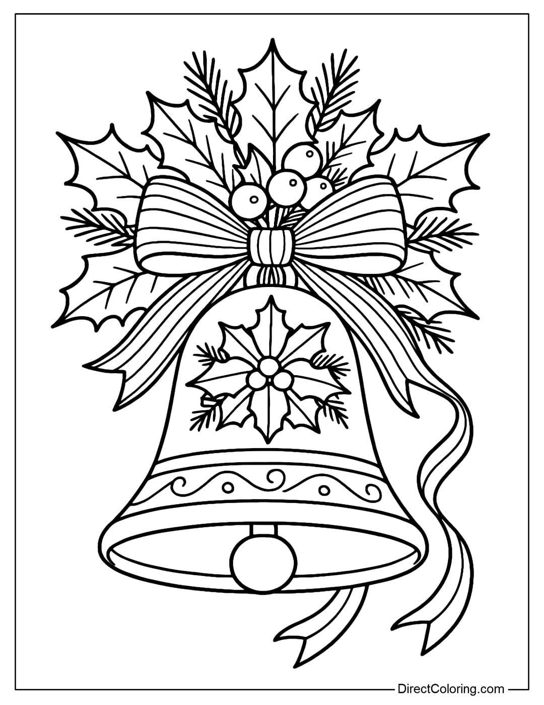 Christmas bell coloring page with holly leaves interspersed with pine branches and berries, decorated with ribbons.