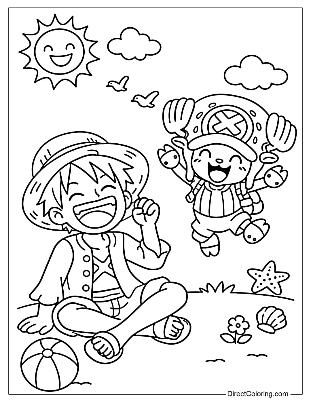 Luffy and Chopper are playing happily, Luffy laughing loudly while Chopper jumps up.