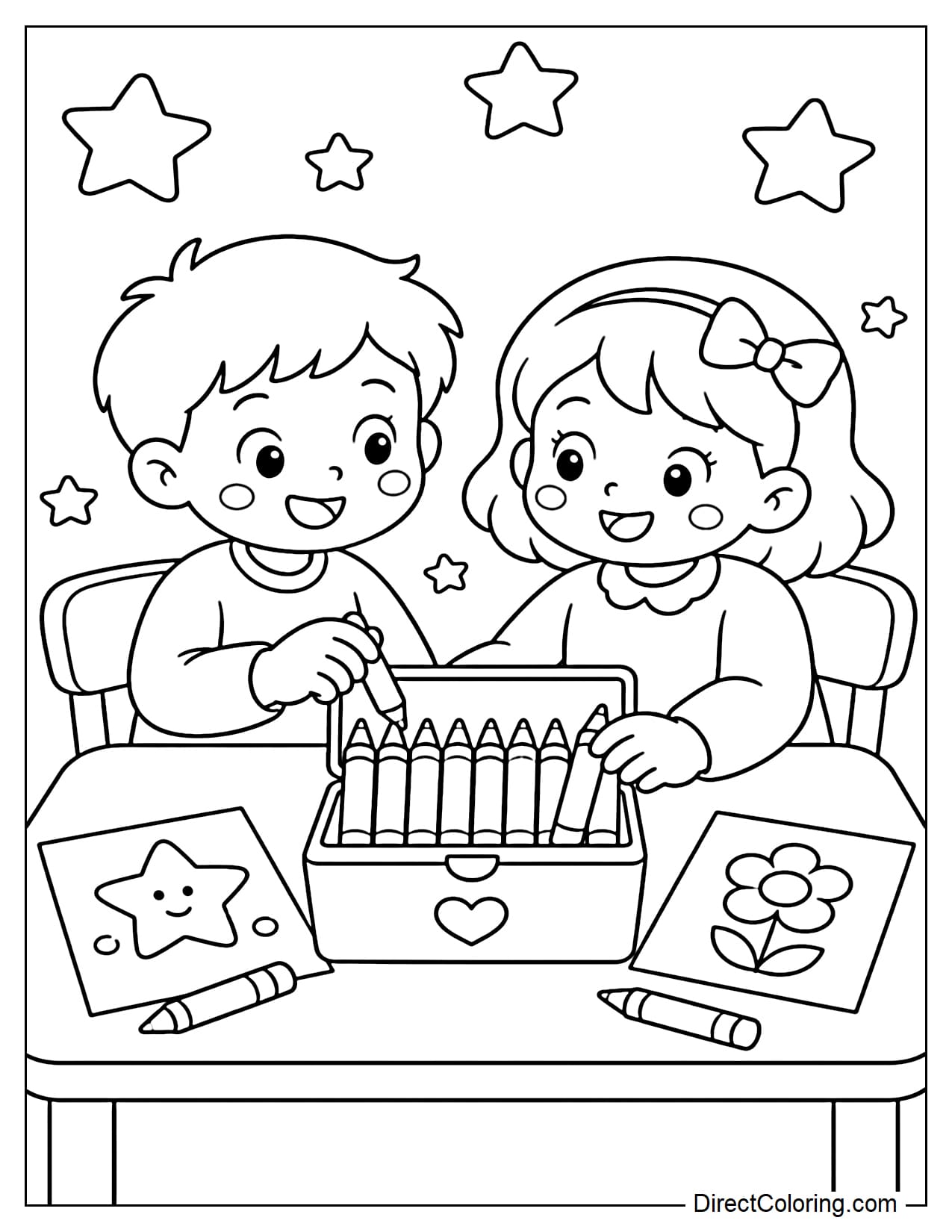 Two little children are sharing a box of crayons on their desks with happy smiles, surrounded by some stars and drawing paper.
