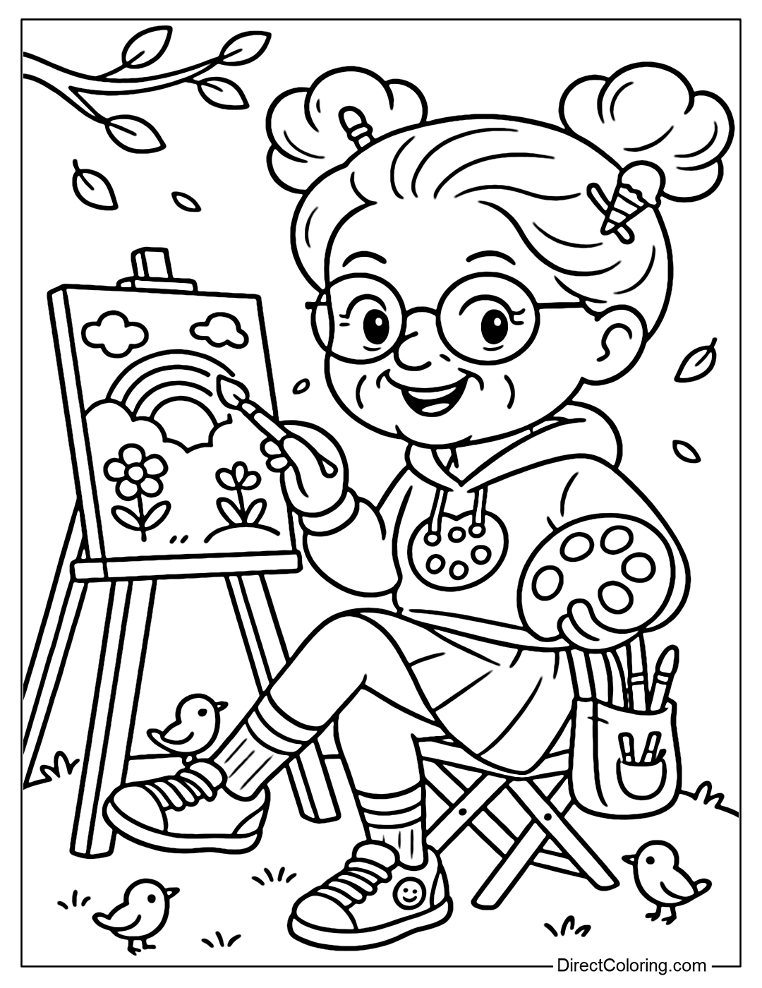 Coloring page Grandma paints in the park. The surrounding scene has a few small birds perched near the easel, leaves falling gently.