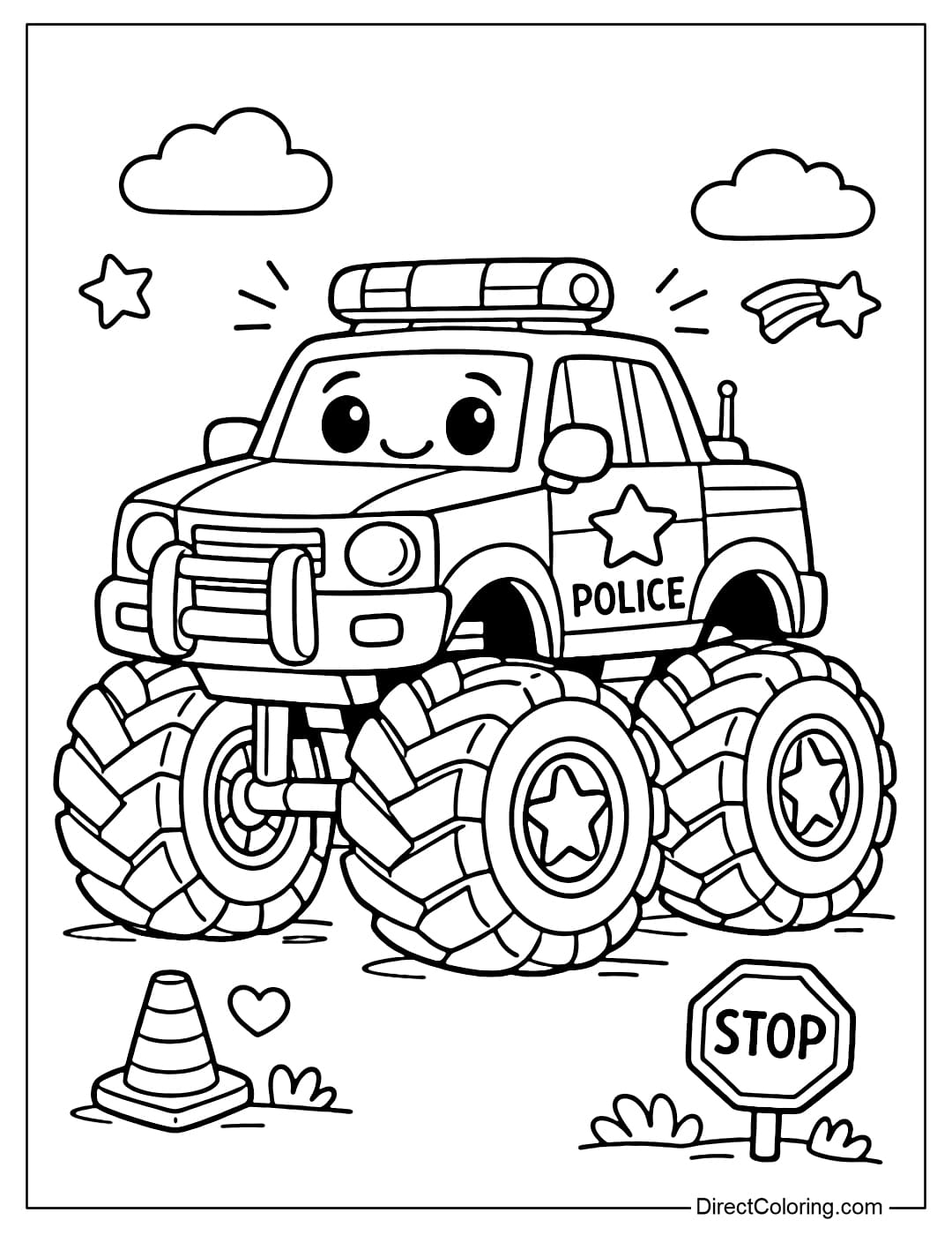 A coloring page of a police car with cute big wheels, clear shapes.