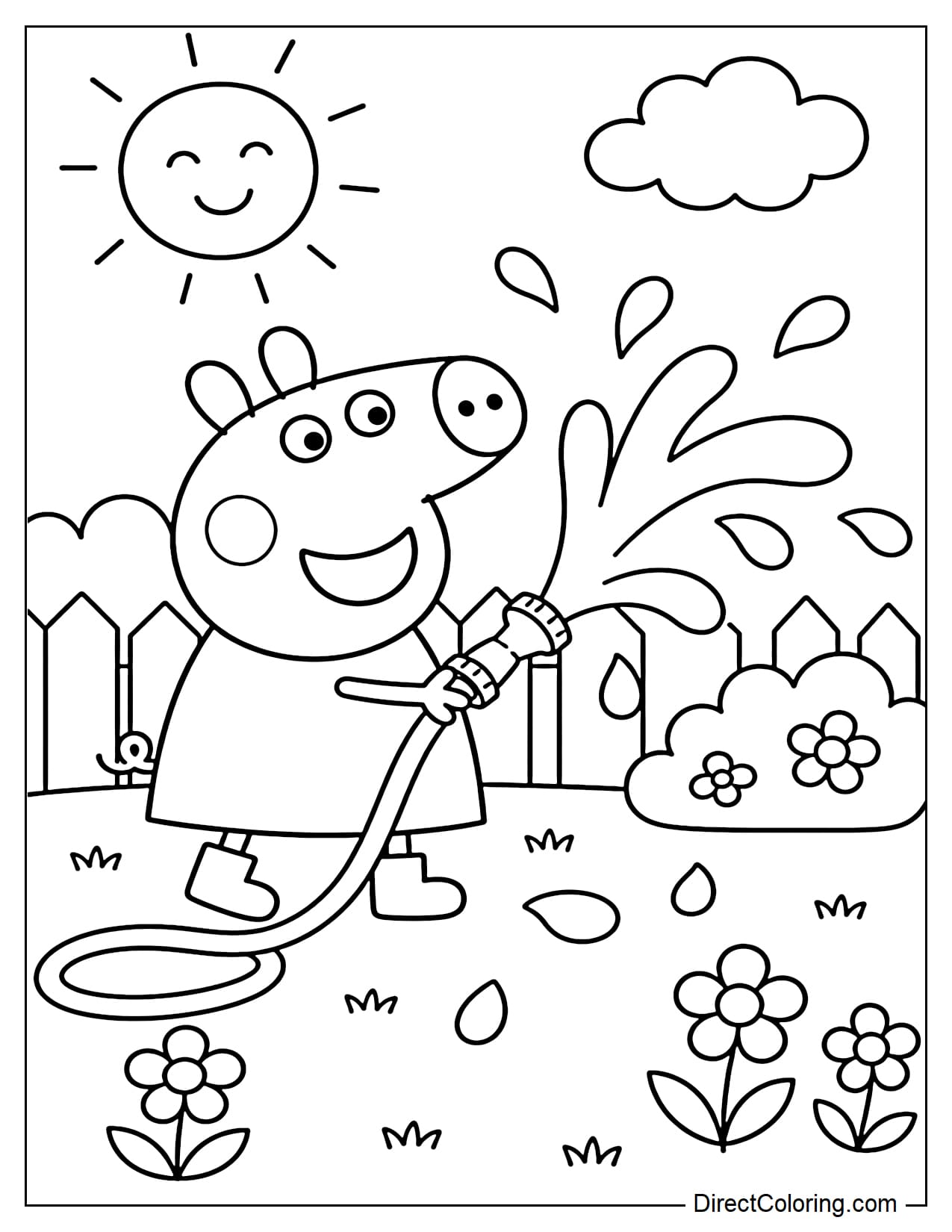Peppa Pig plays water splashing games in the garden in summer, surrounded by some large water droplets.