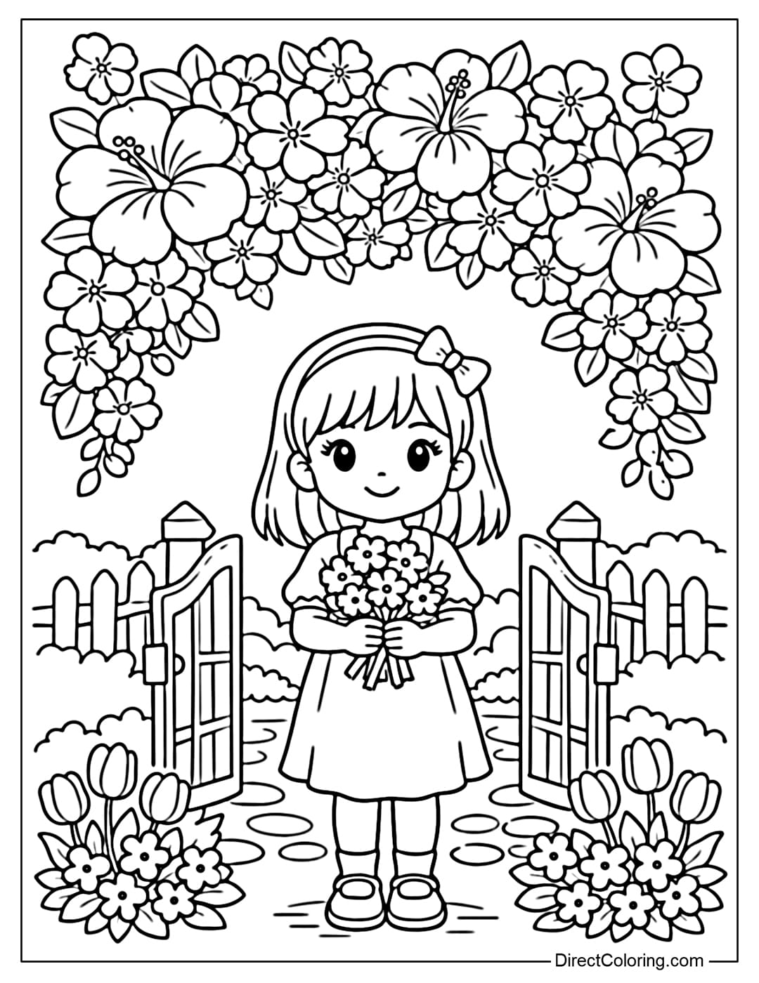 Coloring page of a little girl holding a simple bouquet of flowers in her hands, standing in front of a spring gate covered with large spring flowers.