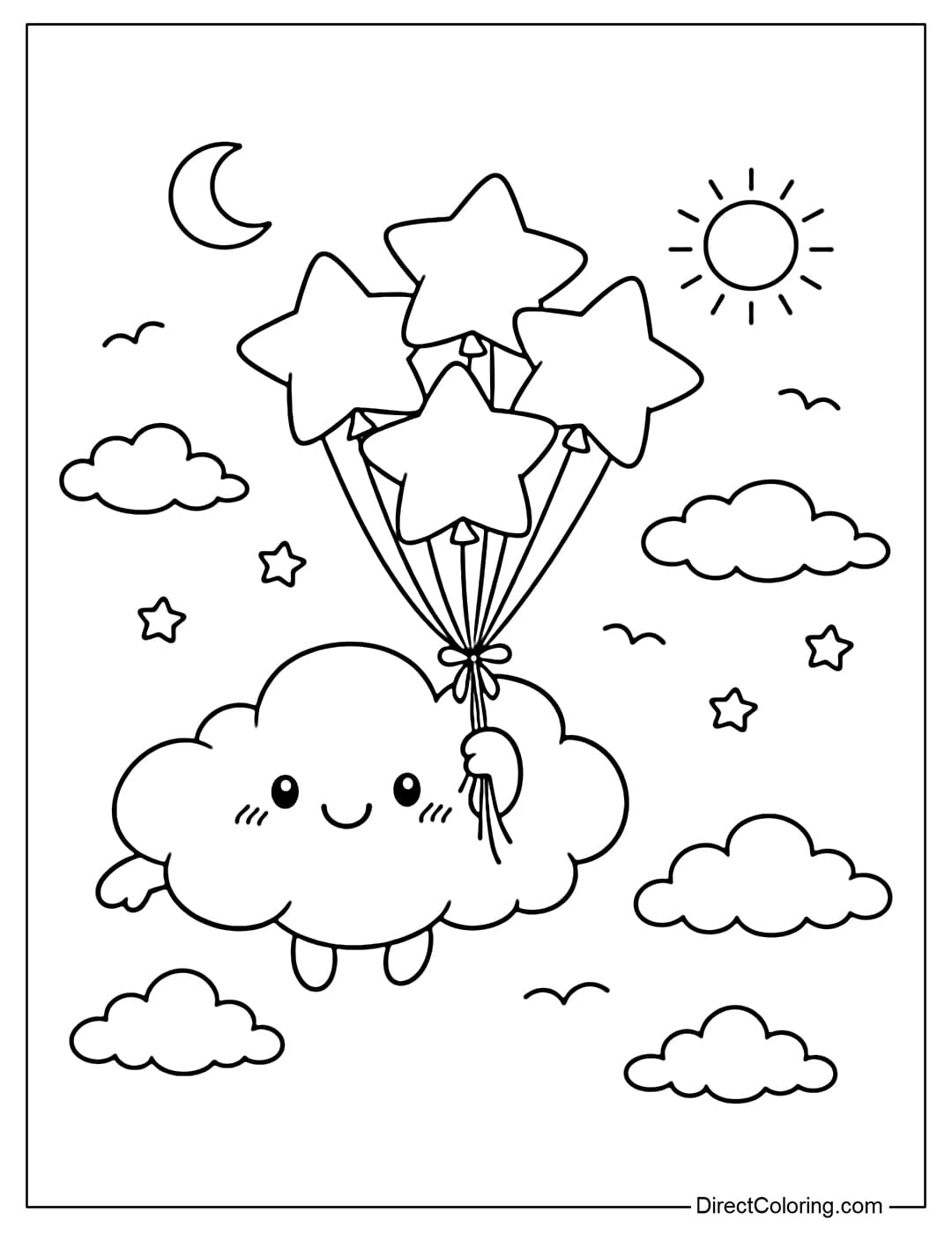 A coloring page featuring a cloud holding a cluster of star-shaped balloons, standing in a simple sky.