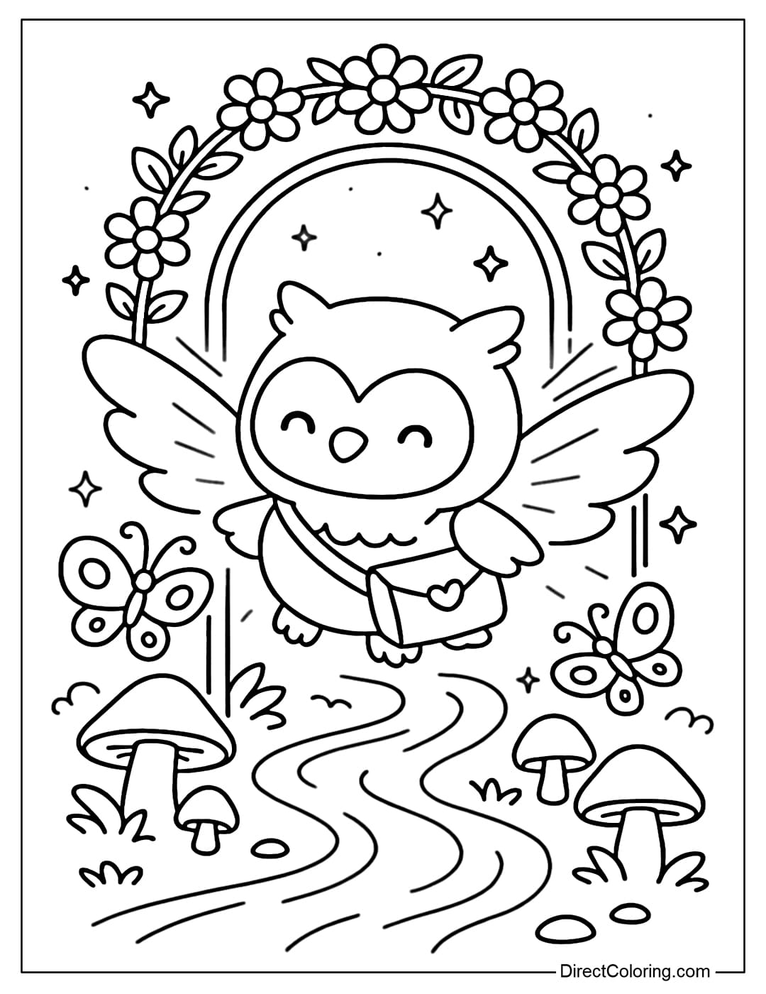 A coloring page of a round owl carrying a mail bag, flying through a sparkling flower arch.