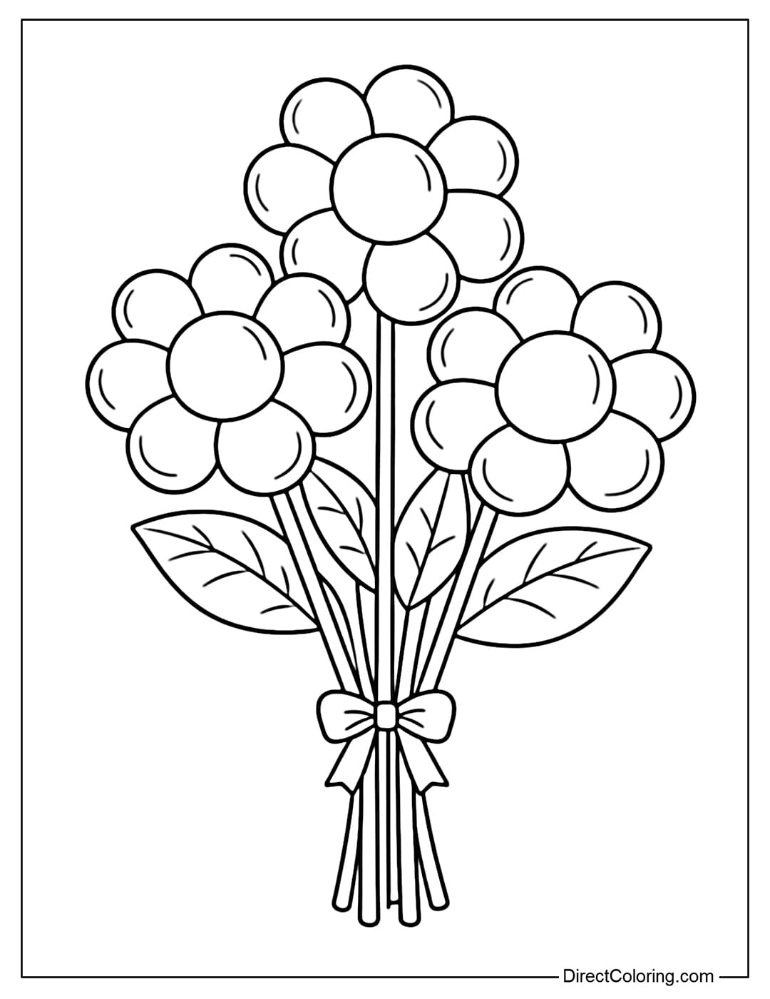 Coloring page for flowers made from round balloons, with petals arranged evenly around a large round center.