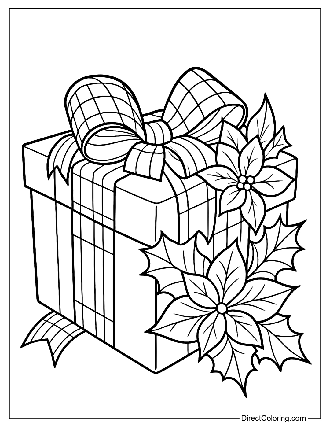 A Christmas gift box coloring page with a large bow and striped ribbon, poinsettias and holly leaves next to it.