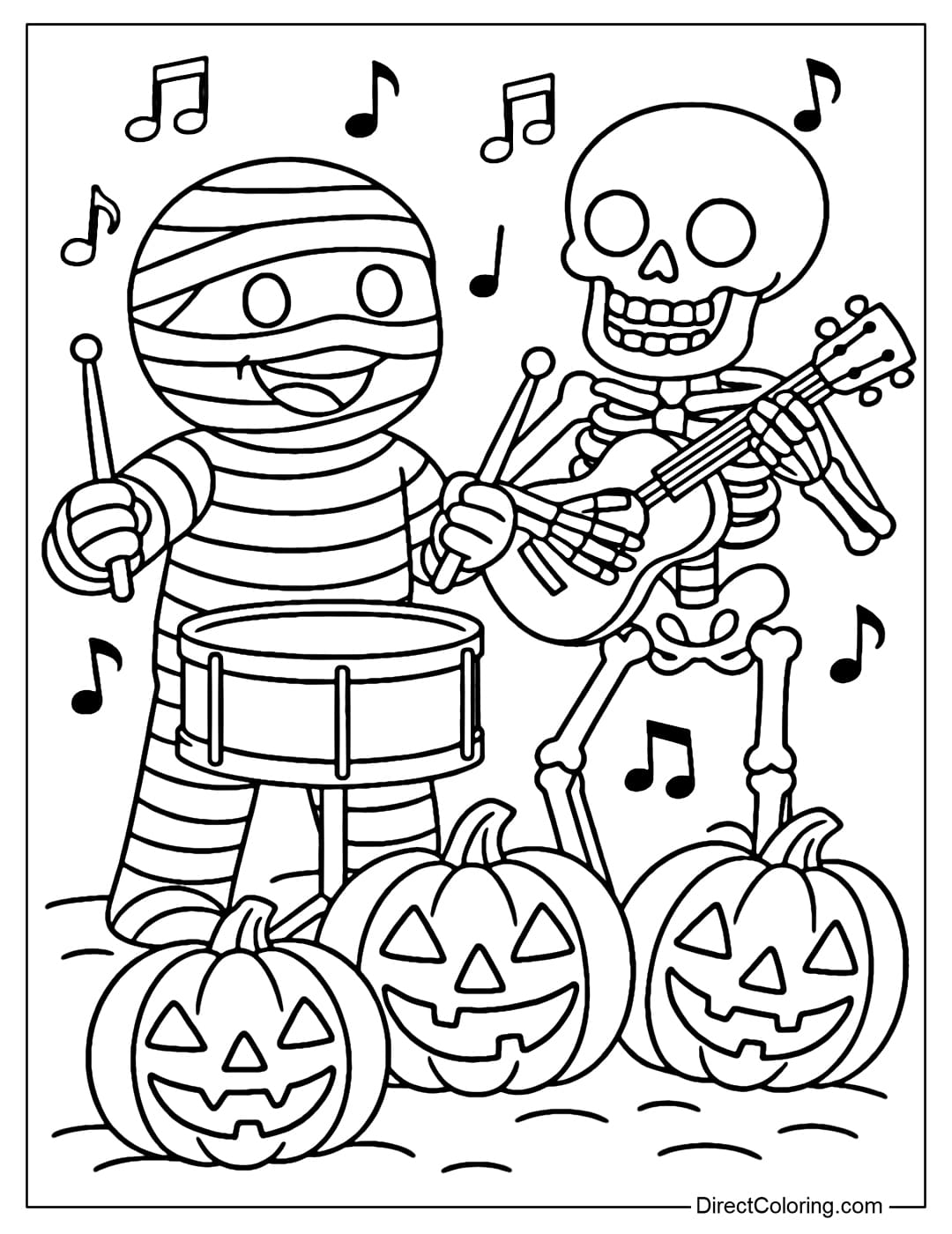 Coloring page of a mummy playing drums, next to a skeleton holding a guitar, surrounded by musical notes and some Jack-o-lantern pumpkins.