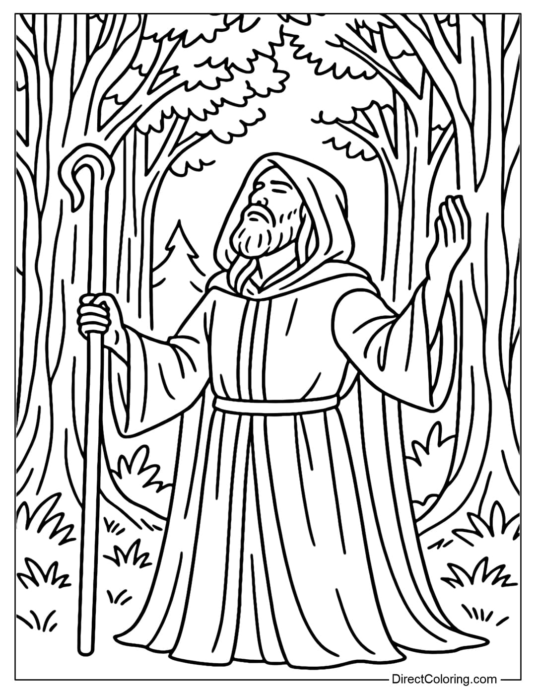 Coloring page of Pagan shaman praying in the forest with staff and cloak.