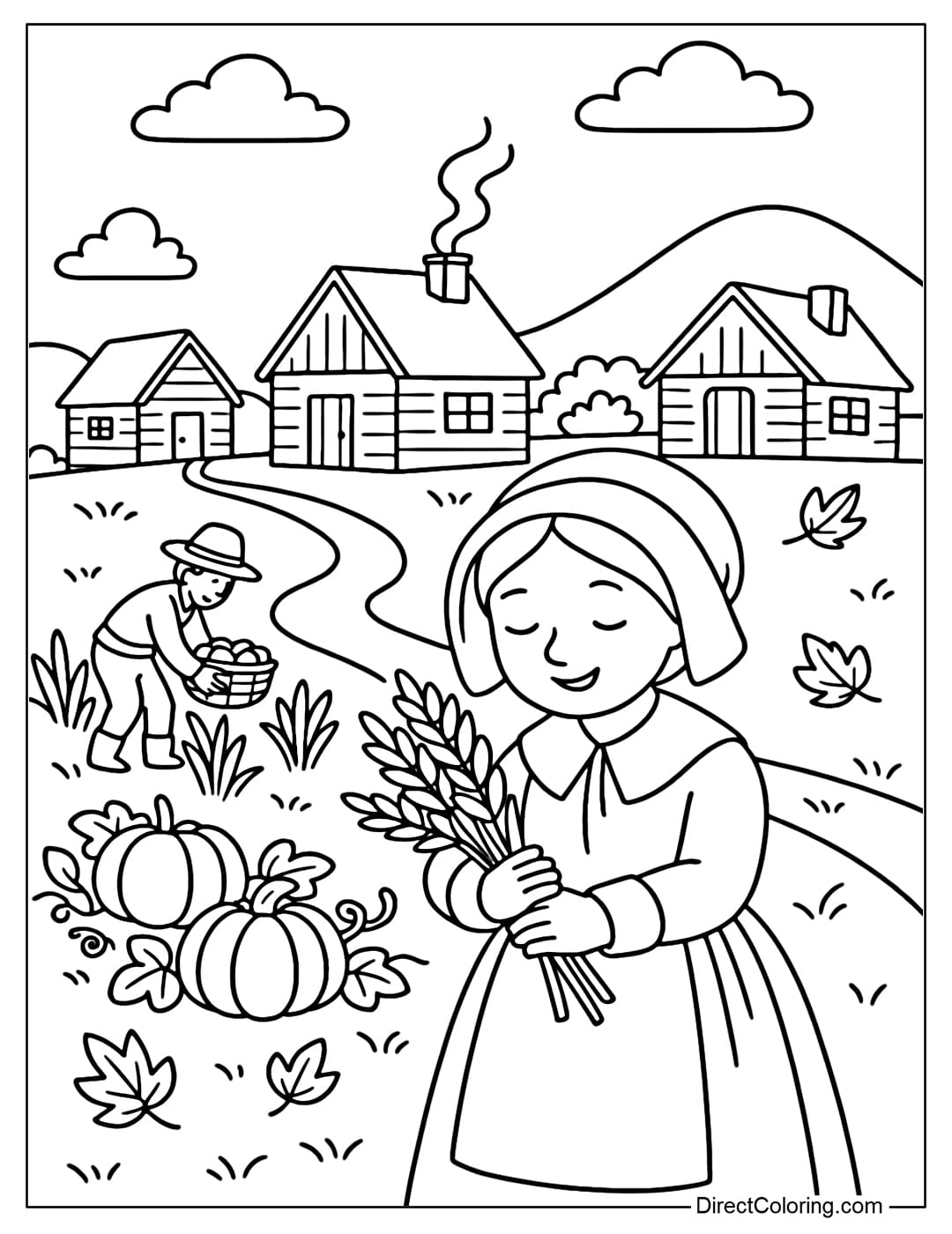 Coloring page of a small Pilgrim village with wooden houses, chimneys, and people harvesting crops.