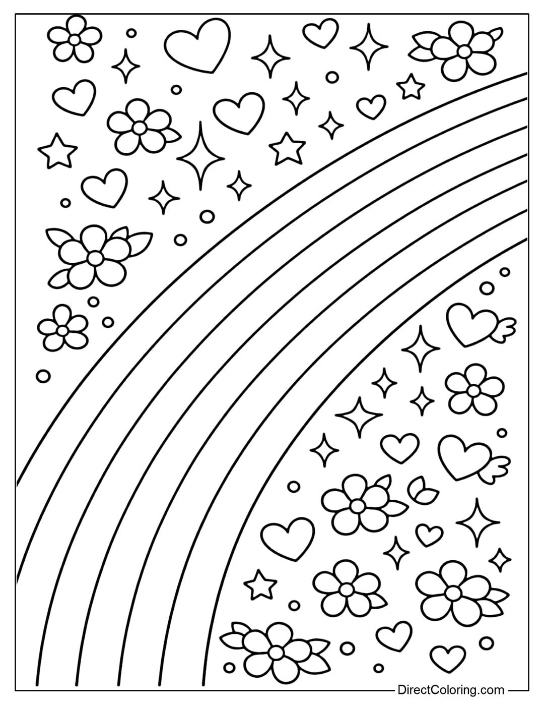 The rainbow coloring page runs diagonally across the page, decorated with small flowers, sparkling stars, and hearts.
