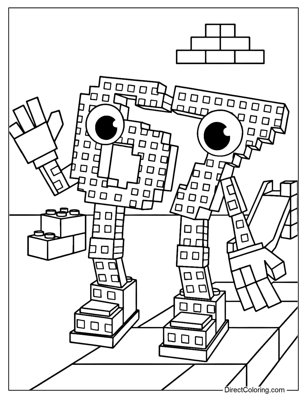 Coloring page 67 Brainrot stands in a simple Lego playground, with some large Lego bricks arranged in a ladder behind.
