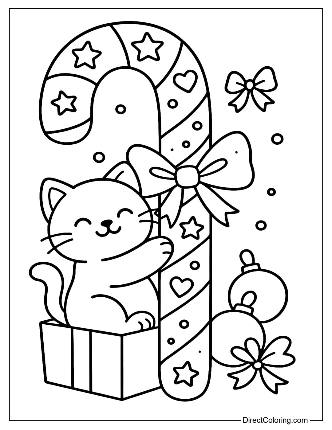 A candy cane coloring page with stars, hearts, and ribbons. A chubby kitten emerges from a gift box right below.