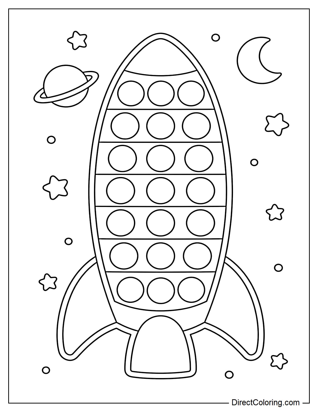 A simple rocket-shaped pop-it with a long body and a rounded pointed tip, and round bubbles evenly distributed along the rocket's body.