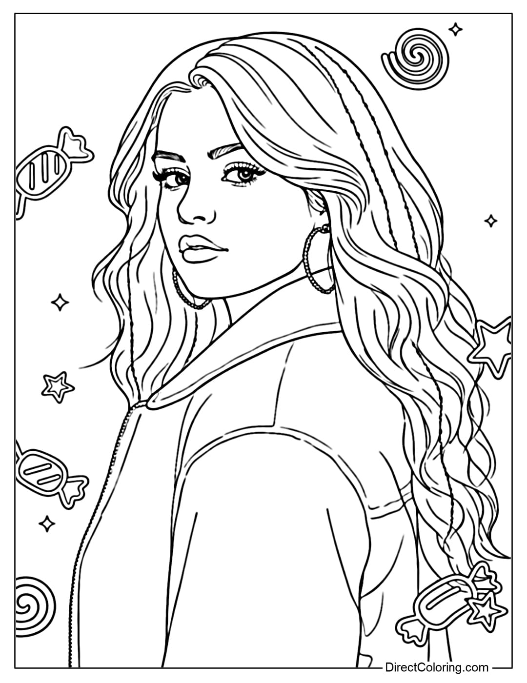 A coloring page of Selena Gomez in a modern style with long, flowing hair and youthful attire, exuding confidence.