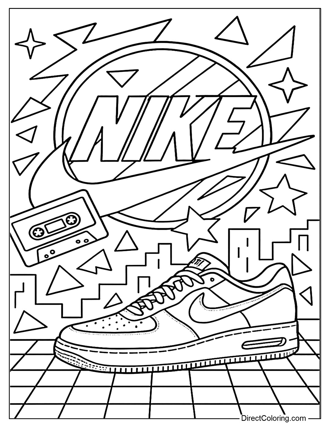 An 80s style Nike logo coloring page - neon background, retro geometry, cassette tapes, and classic Air Max shoes - appealing to nostalgic adults & Gen Z.