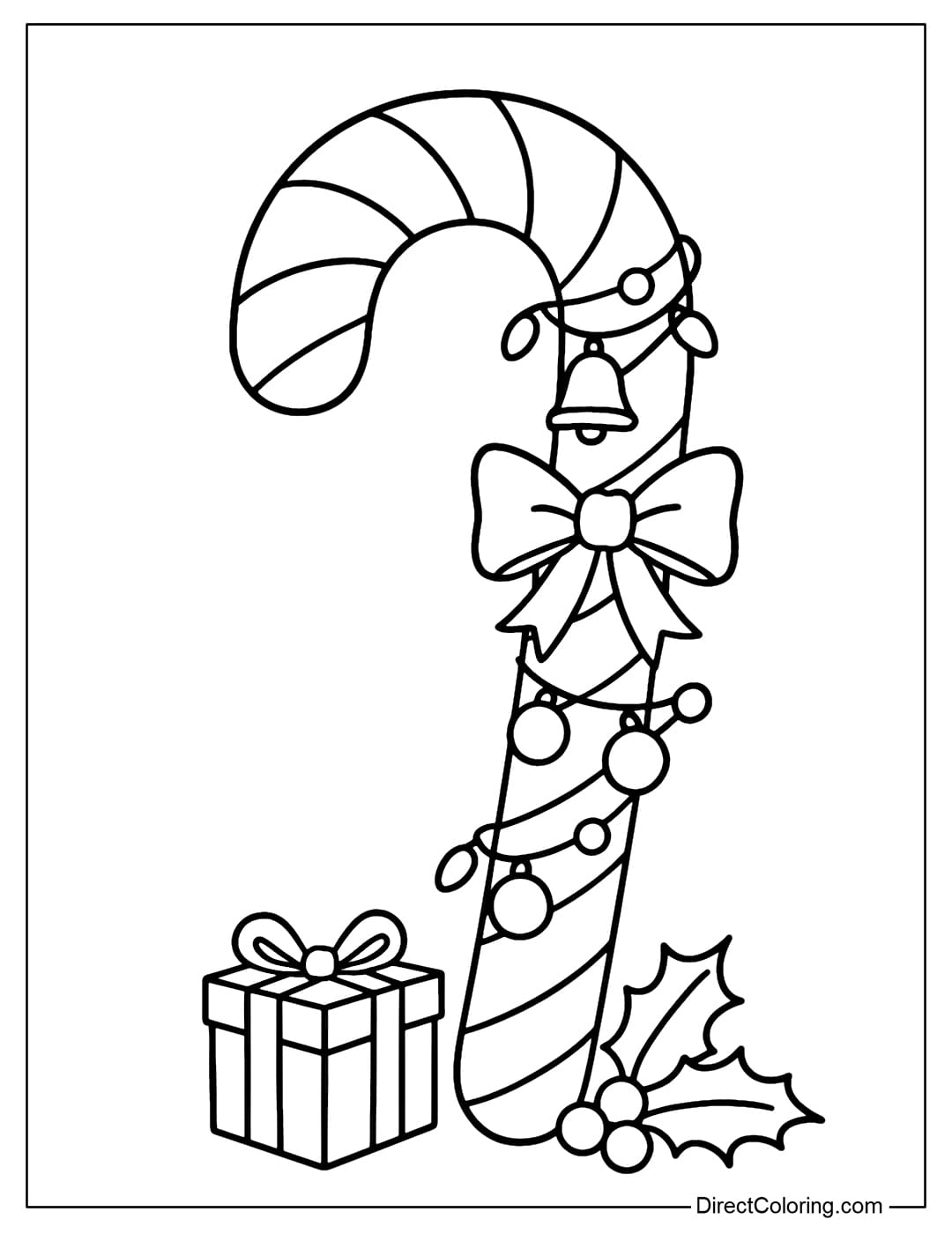 A large candy cane coloring page decorated like a mini pine tree: bells, bows, round balls and string lights are hung on the trunk, and a small gift box and holly leaves are at the base.