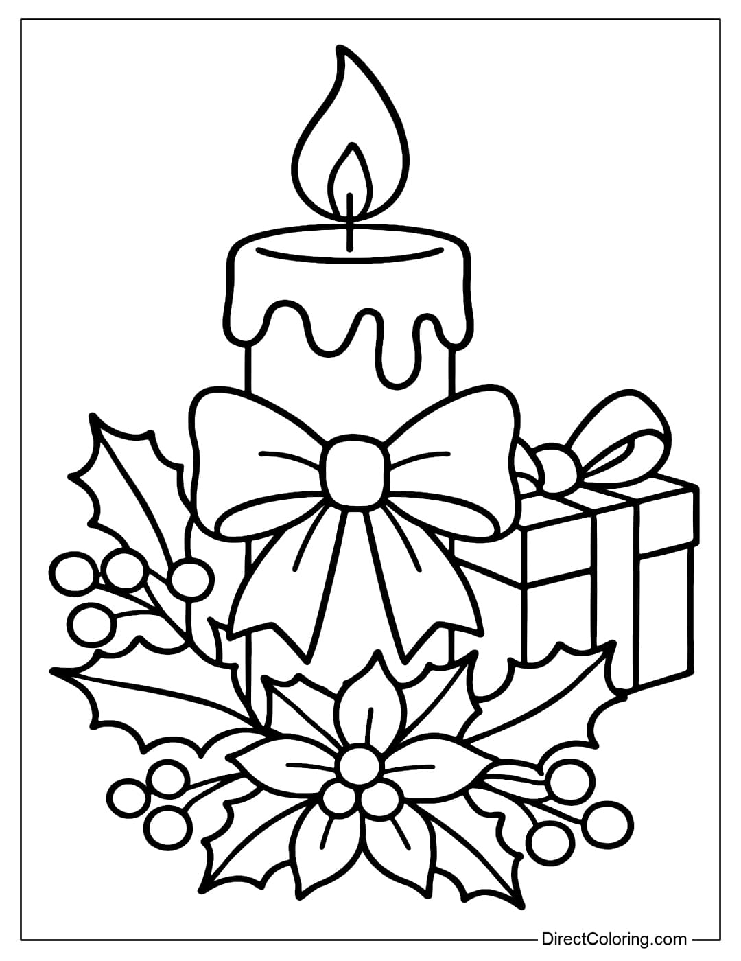 A Christmas candle coloring page with a bow in the middle of the candle body, surrounded by holly leaves and red balls, and a Christmas gift box.