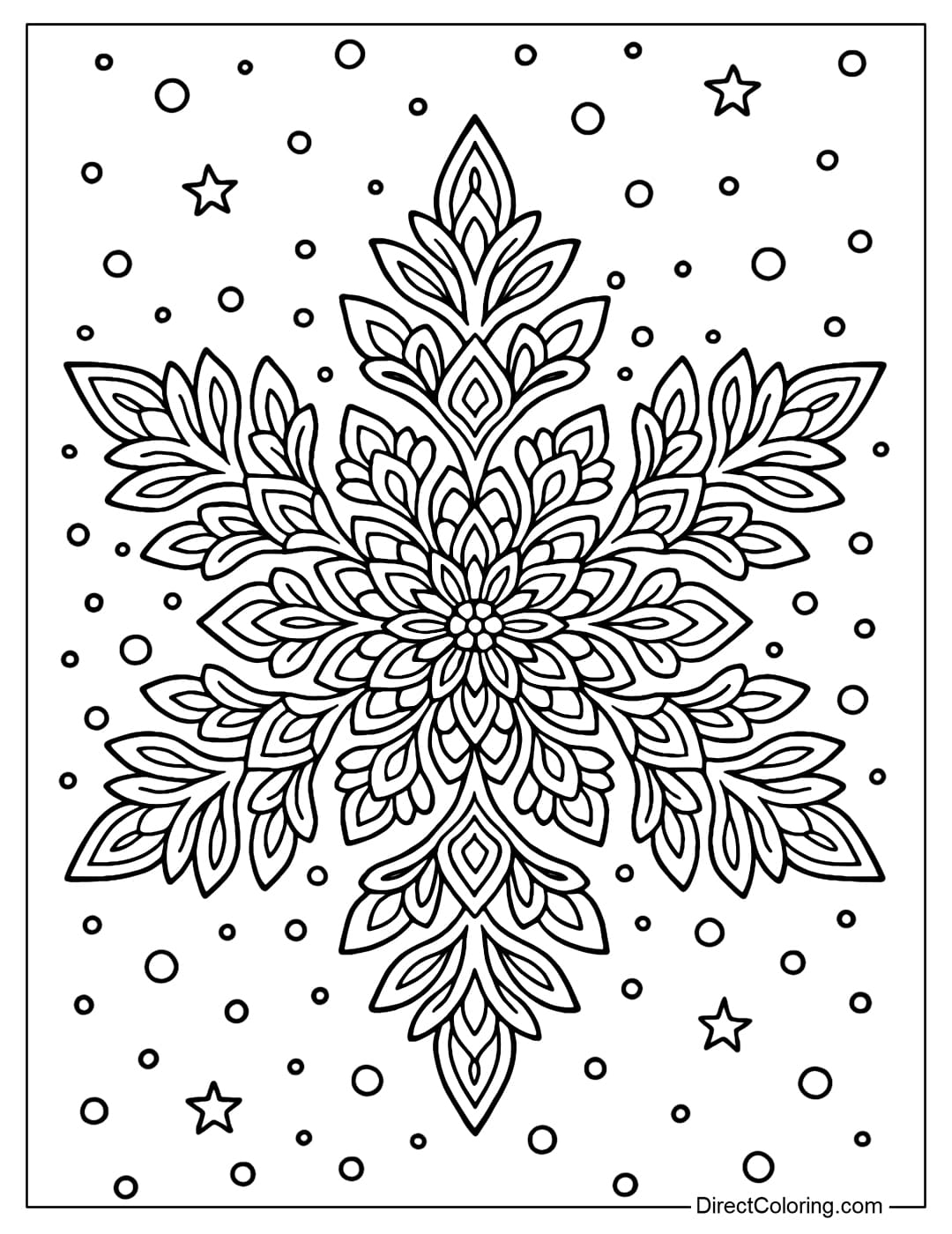 A coloring page featuring a giant crystal snowflake in a mandala shape, surrounded by falling snow and a few small stars.