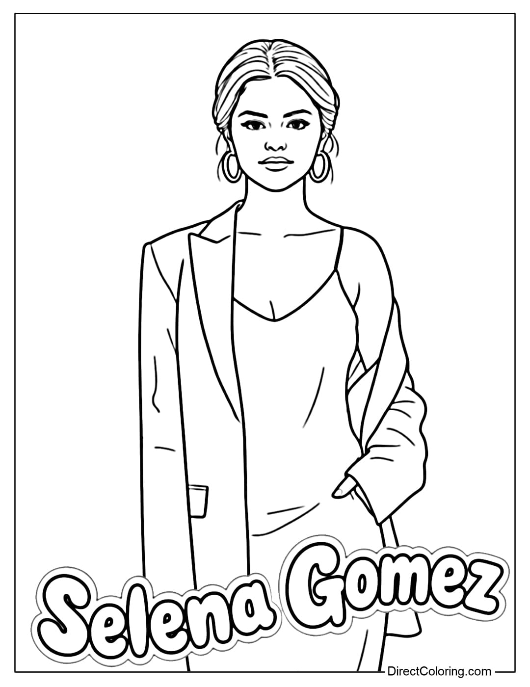 Selena Gomez coloring page wearing a silk dress, a modern blazer, a low bun with a middle parting, and a confident pose.