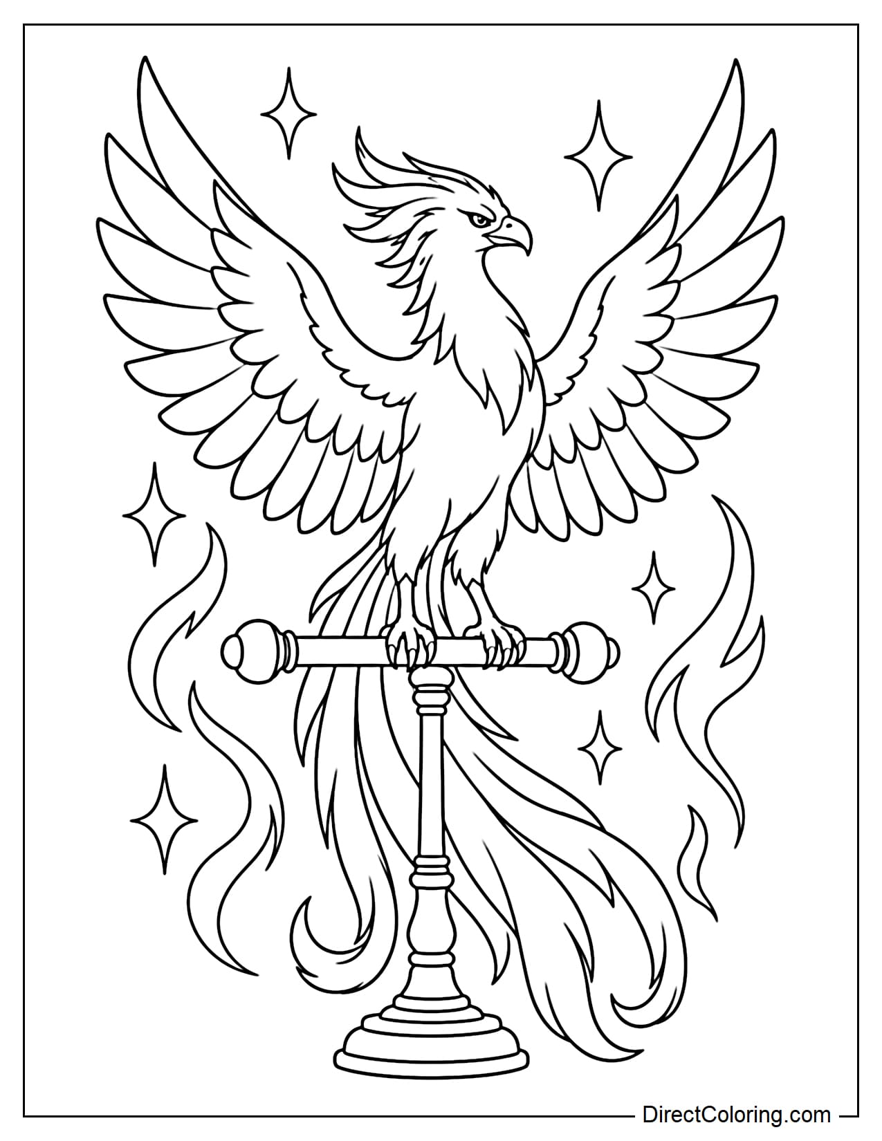 Fawkes the Phoenix is perched on a large stand with its wings spread wide, long tail feathers curving downward, and large magical sparks appearing around it.