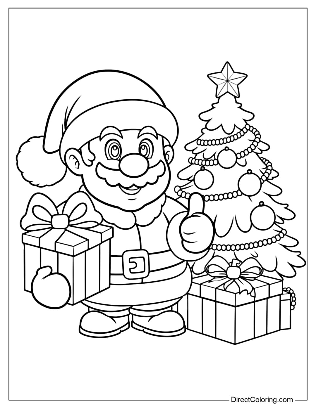 Coloring page featuring Mario dressed as Santa, holding a big gift box and giving a thumbs-up beside a Christmas tree.
