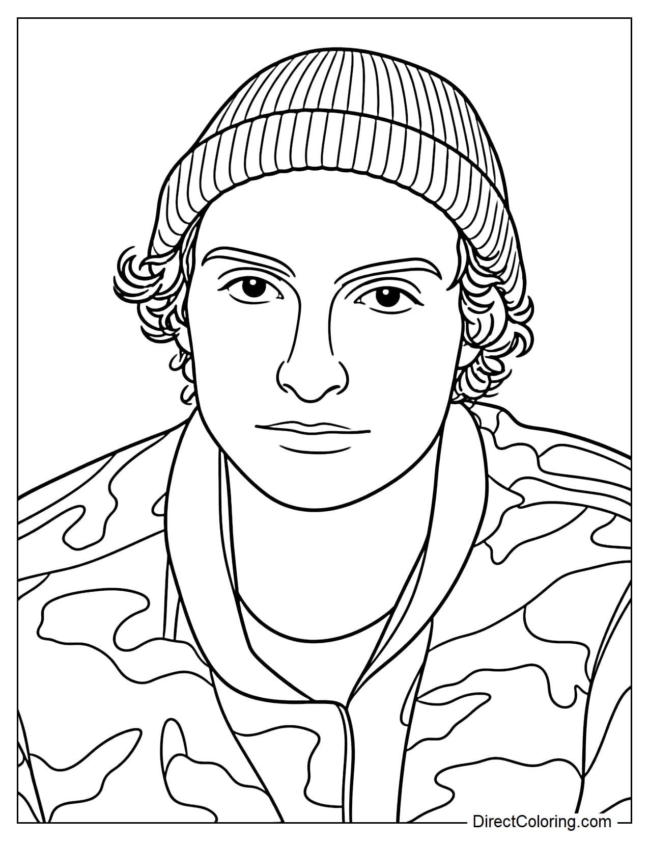 Mike Wheeler wears a knit beanie and camouflage jacket in Stranger Things.