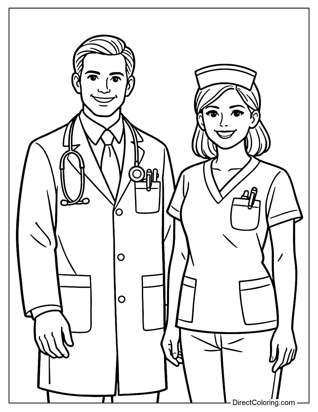A doctor standing next to a nurse, both smiling, with their hands naturally relaxed, in a balanced composition.