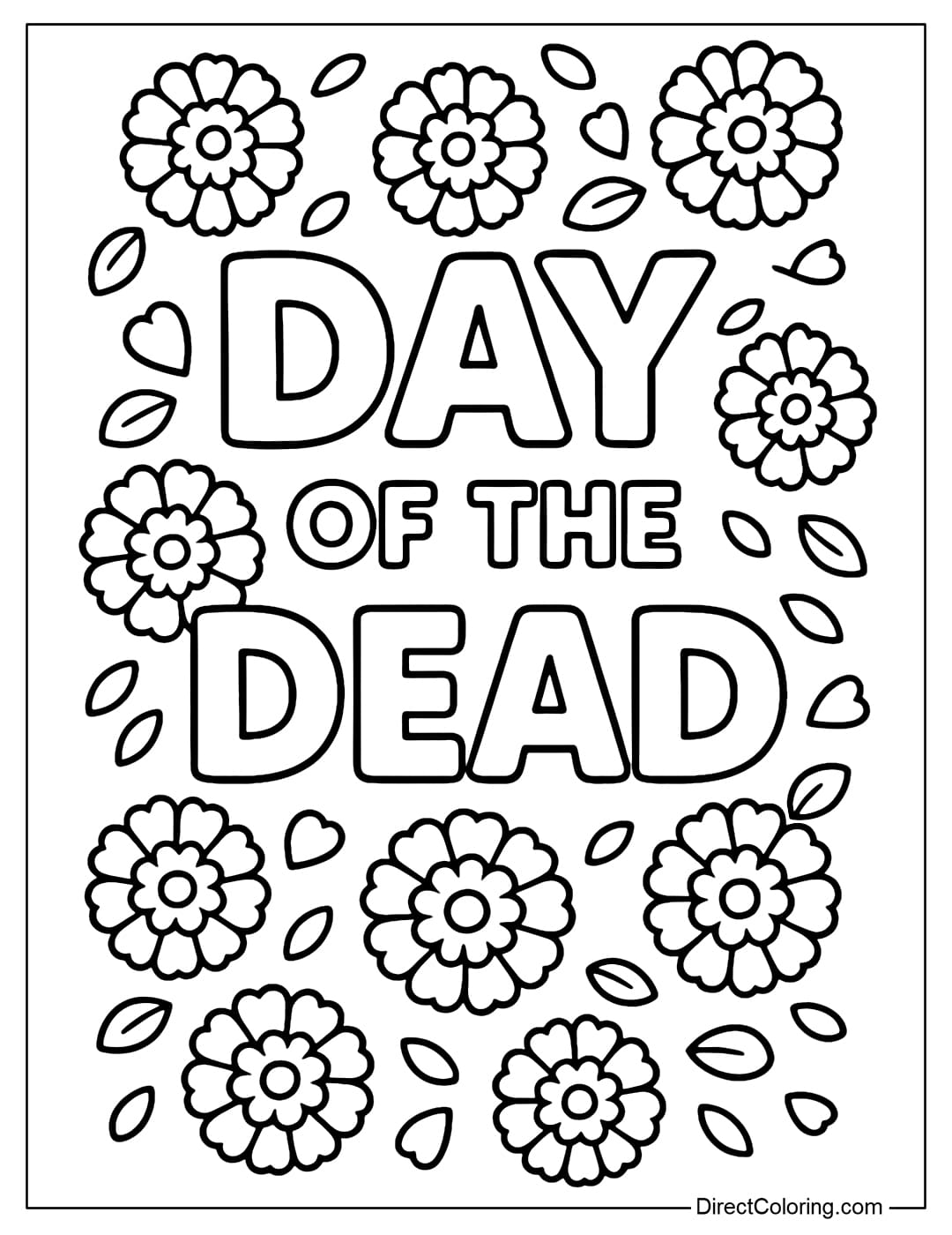 Day of the Dead text coloring page, with a large marigold border and a few falling petals.