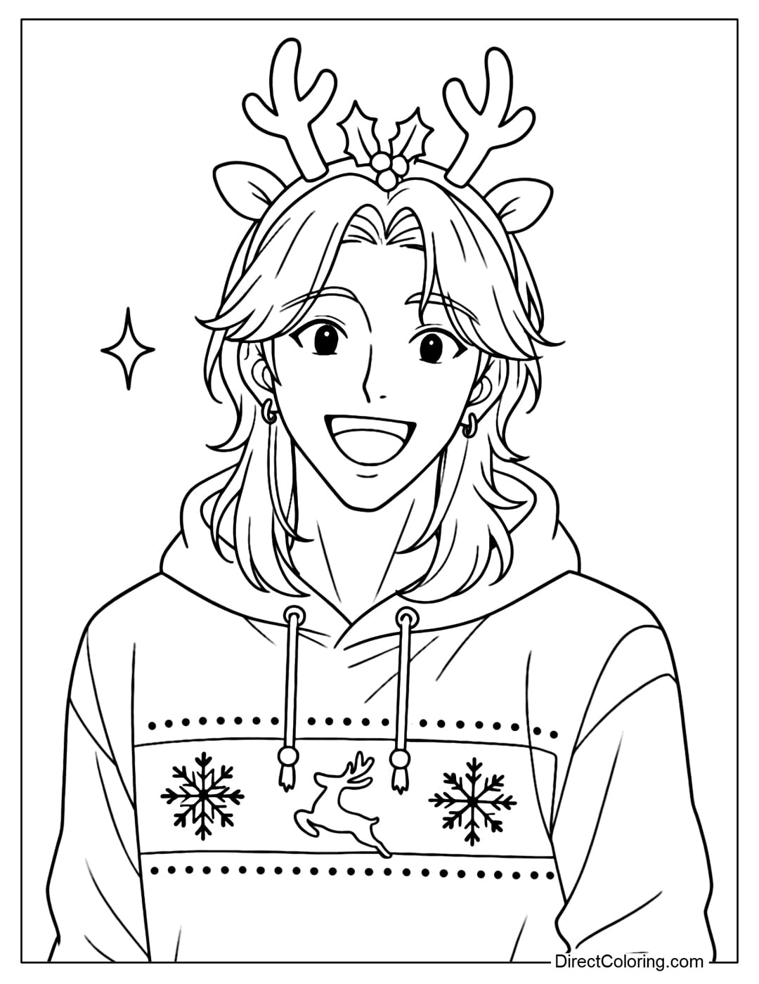 Romance Saja coloring page wearing a reindeer antlers headband and holly flowers, wearing a winter-patterned hoodie.